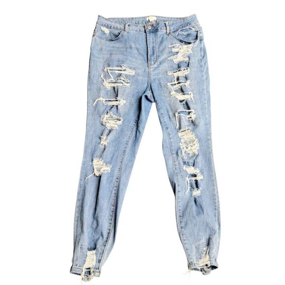 Forever 21 Distressed Faded Blue Denim Ripped Torn Up High Rise Skinny Jeans - Picture 10 of 10